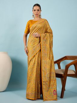 Akhilam - Women Silk Blend Mustard Digital Printed Saree with Unstitched Blouse