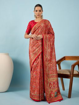 Akhilam - Women Silk Blend Red Digital Printed Saree with Unstitched Blouse