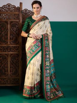 Akhilam - Women Silk Blend Green Cream Digital Printed Saree with Unstitched Blouse