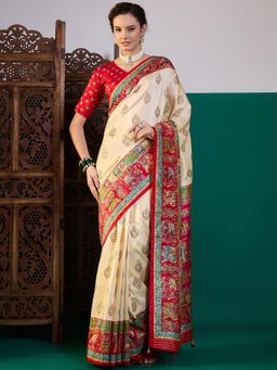 Akhilam - Women Silk Blend Red Digital Printed Saree with Unstitched Blouse