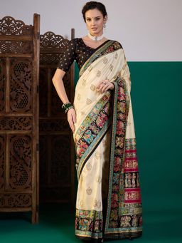Akhilam - Women Silk Blend Black Digital Printed Saree with Unstitched Blouse