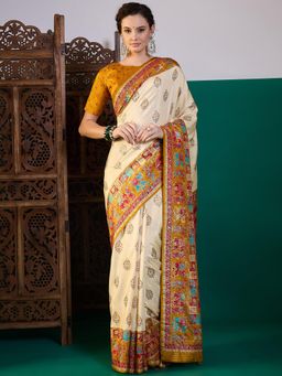 Akhilam - Women Silk Blend Mustard Digital Printed Saree with Unstitched Blouse