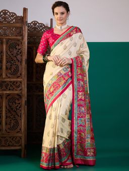 Akhilam - Women Silk Blend Pink Digital Printed Saree with Unstitched Blouse