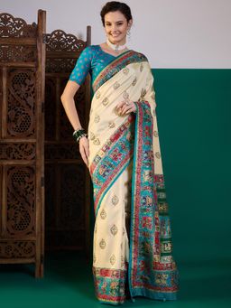 Akhilam - Women Silk Blend Blue Digital Printed Saree with Unstitched Blouse
