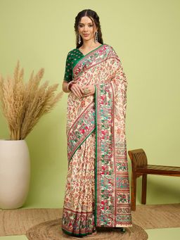 Akhilam - Women Silk Blend Green Digital Printed Saree with Unstitched Blouse