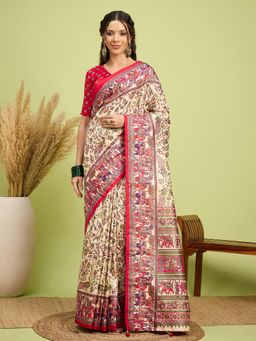 Akhilam - Women Silk Blend Red Digital Printed Saree with Unstitched Blouse