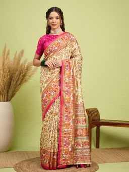Akhilam - Women Silk Blend Pink Digital Printed Saree with Unstitched Blouse