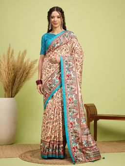 Akhilam - Women Silk Blend Blue Digital Printed Saree with Unstitched Blouse