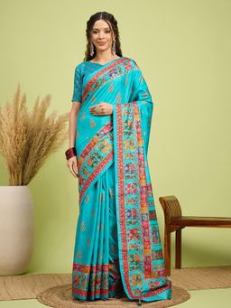 Akhilam - Women Silk Blend Blue Digital Printed Saree with Unstitched Blouse