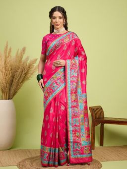 Akhilam - Women Silk Blend Pink Digital Printed Saree with Unstitched Blouse