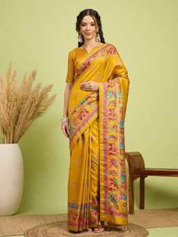 Akhilam - Women Silk Blend Mustard Digital Printed Saree with Unstitched Blouse