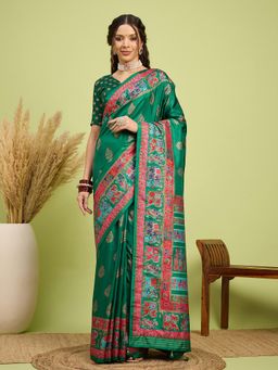 Akhilam - Women Silk Blend Green Digital Printed Saree with Unstitched Blouse