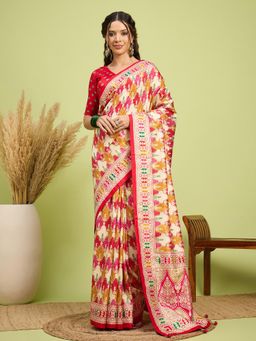 Akhilam - Women Silk Blend Red Digital Printed Saree with Unstitched Blouse