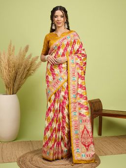 Akhilam - Women Silk Blend Mustard Digital Printed Saree with Unstitched Blouse