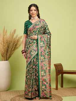 Akhilam - Women Silk Blend Green Digital Printed Saree with Unstitched Blouse