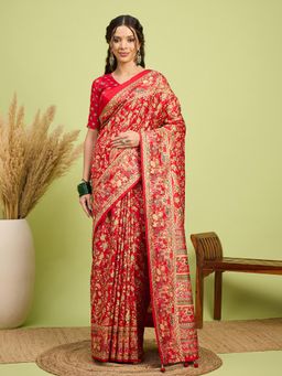 Akhilam - Women Silk Blend Red Digital Printed Saree with Unstitched Blouse