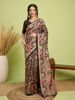 Akhilam - Women Silk Blend Black Digital Printed Saree with Unstitched Blouse