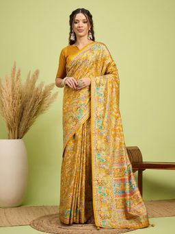 Akhilam - Women Silk Blend Mustard Digital Printed Saree with Unstitched Blouse