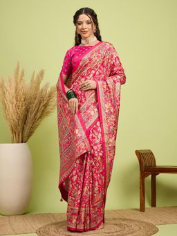 Akhilam - Women Silk Blend Pink Digital Printed Saree with Unstitched Blouse