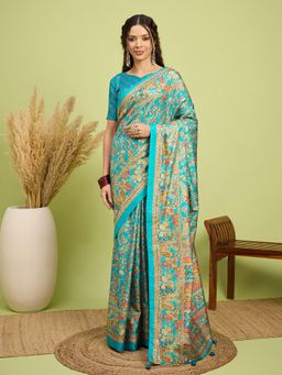 Akhilam - Women Silk Blend Blue Digital Printed Saree with Unstitched Blouse