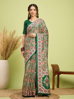 Akhilam - Women Silk Blend Green Digital Printed Saree with Unstitched Blouse