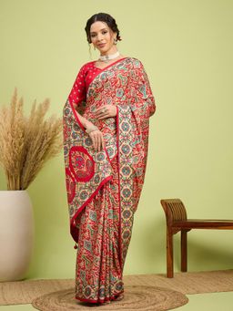 Akhilam - Women Silk Blend Red Digital Printed Saree with Unstitched Blouse