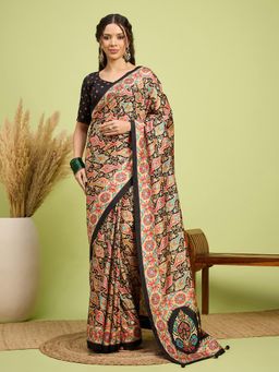 Akhilam - Women Silk Blend Black Digital Printed Saree with Unstitched Blouse
