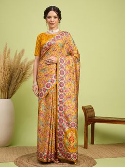 Akhilam - Women Silk Blend Mustard Digital Printed Saree with Unstitched Blouse