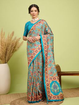 Akhilam - Women Silk Blend Blue Digital Printed Saree with Unstitched Blouse