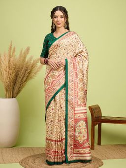 Akhilam - Women Silk Blend Green Digital Printed Saree with Unstitched Blouse