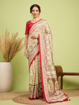 Akhilam - Women Silk Blend Red Digital Printed Saree with Unstitched Blouse