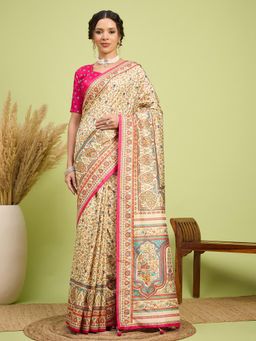 Akhilam - Women Silk Blend Pink Digital Printed Saree with Unstitched Blouse
