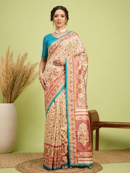 Akhilam - Women Silk Blend Blue Digital Printed Saree with Unstitched Blouse