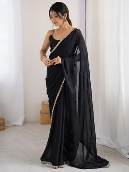 Akhilam - Women Pure Georgette Black Embellished Designer Saree with Unstitched Blouse