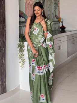 Akhilam - Women Cotton Light Green Printed Saree with Unstitched Blouse