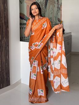 Akhilam - Women Cotton Orange Printed Saree with Unstitched Blouse