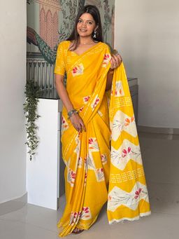 Akhilam - Women Cotton Yellow Printed Saree with Unstitched Blouse
