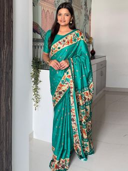 Akhilam - Women Cotton Green Printed Saree with Unstitched Blouse