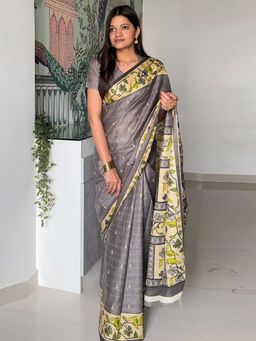 Akhilam - Women Cotton Grey Printed Saree with Unstitched Blouse