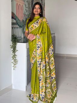 Akhilam - Women Cotton Green Printed Saree with Unstitched Blouse