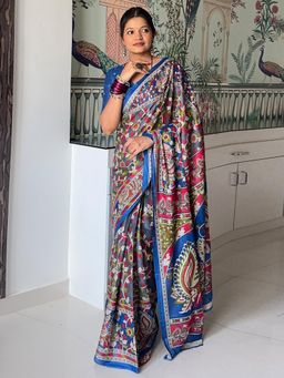 Akhilam - Women Cotton Grey Printed Saree with Unstitched Blouse