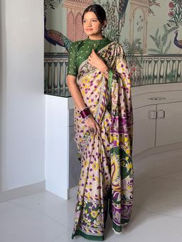 Akhilam - Women Cotton Beige Printed Saree with Unstitched Blouse
