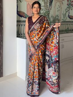 Akhilam - Women Cotton Mustard Printed Saree with Unstitched Blouse