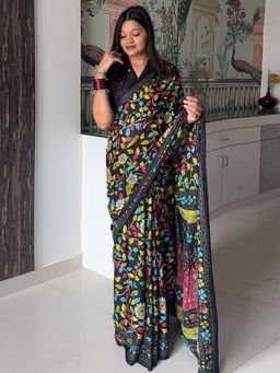 Akhilam - Women Cotton Black Printed Saree with Unstitched Blouse