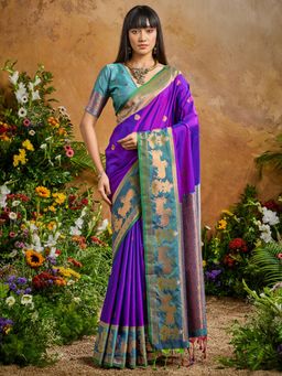 Akhilam - Women Pure Silk Purple Woven Design Saree with Unstitched Blouse