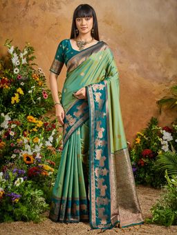 Akhilam - Women Pure Silk Light Green Woven Design Saree with Unstitched Blouse
