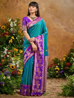 Akhilam - Women Pure Silk Light Blue Woven Design Saree with Unstitched Blouse