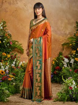 Akhilam - Women Pure Silk Rust Woven Design Saree with Unstitched Blouse