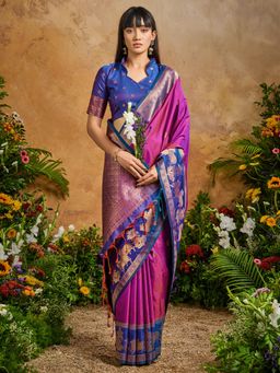 Akhilam - Women Pure Silk Pink Woven Design Saree with Unstitched Blouse