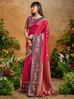 Akhilam - Women Pure Silk Red Woven Design Saree with Unstitched Blouse